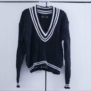 Liz Sport Black and White Striped V Neck Vintage 80s Knit Sweater